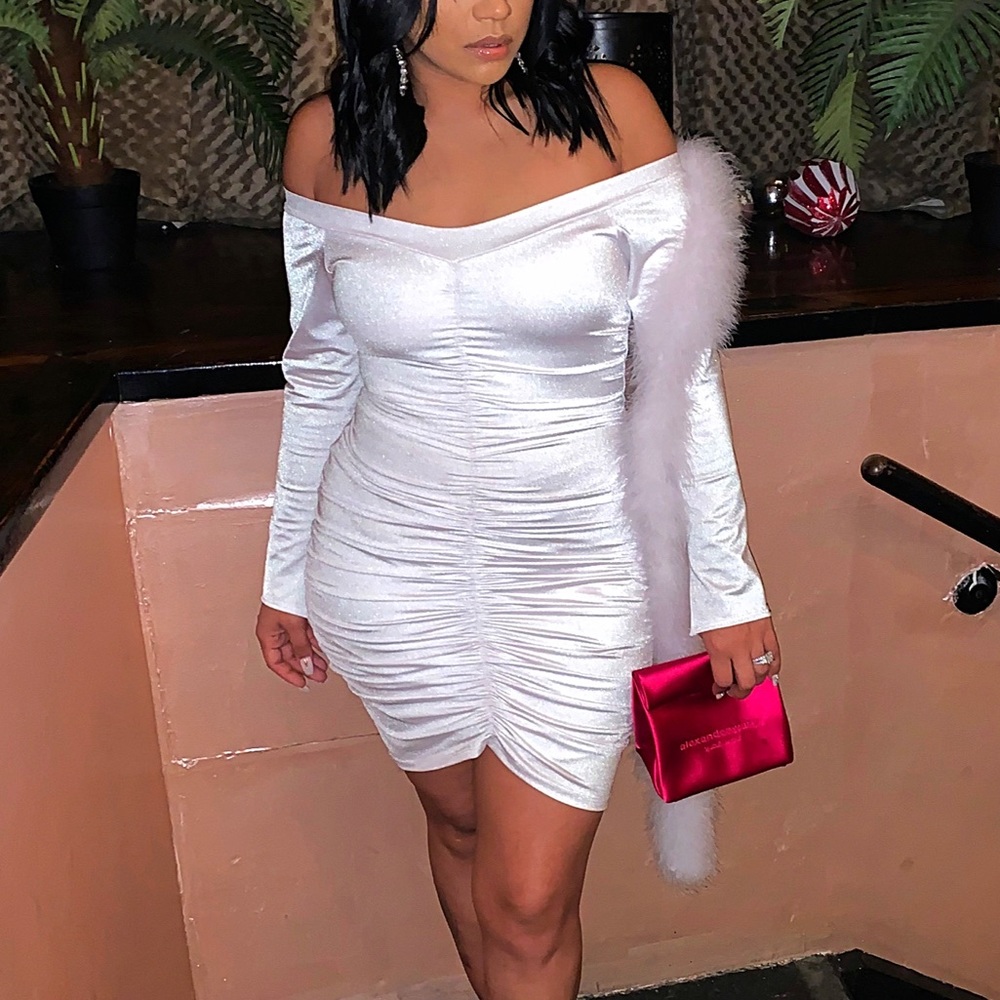 Custom made white dress with feathers